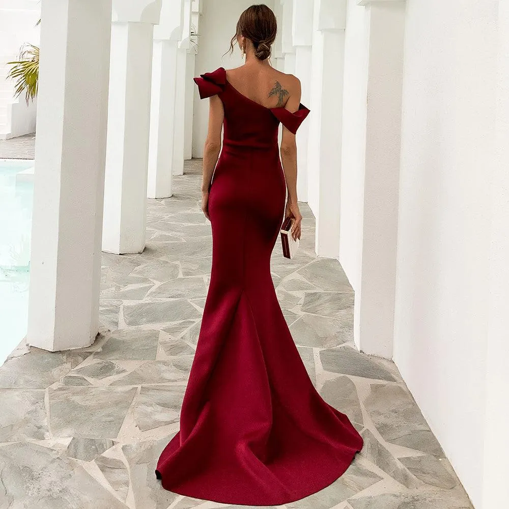 Ruffled Single Shoulder Evening Dress