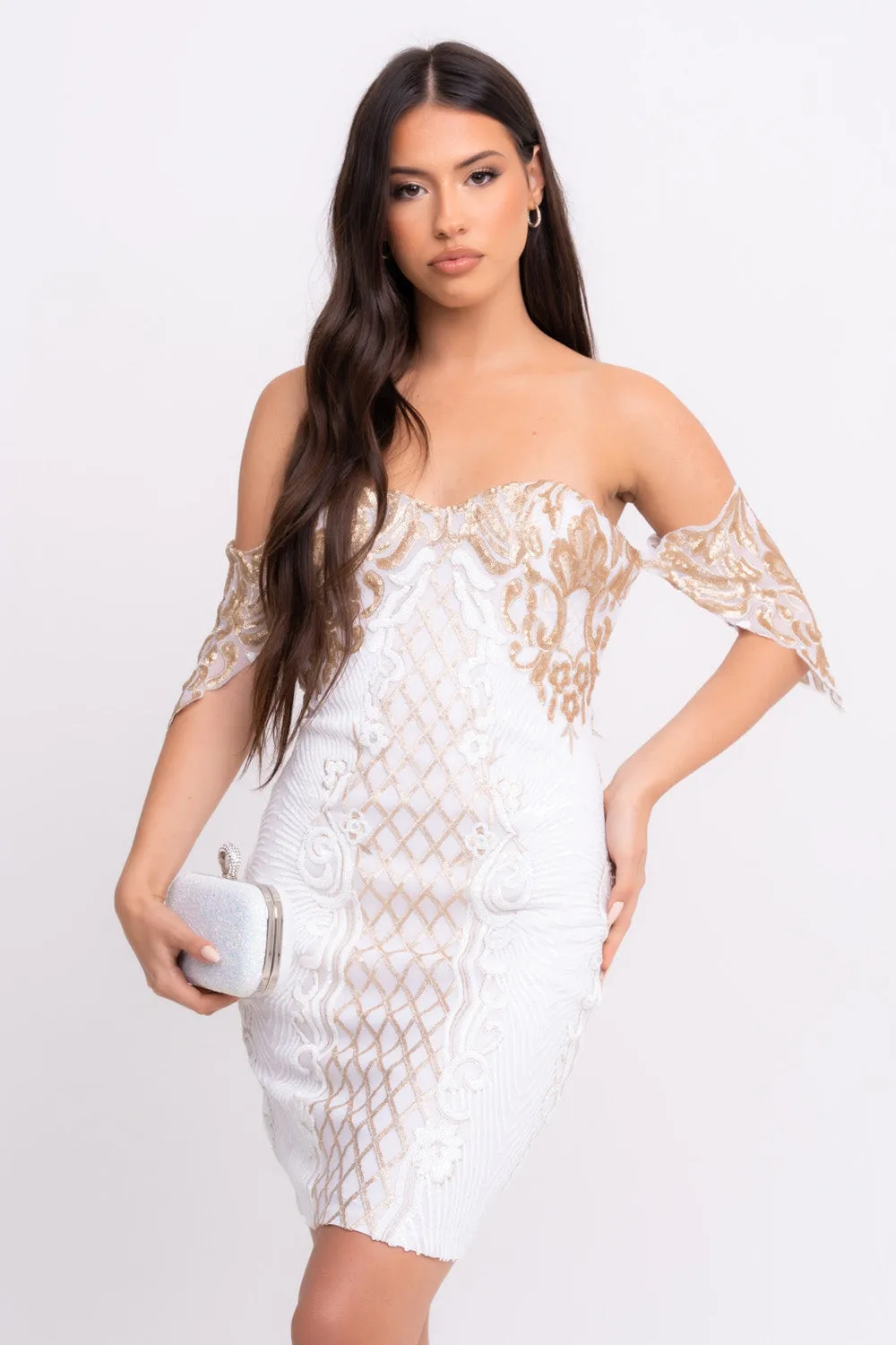 Rumour Vip White Gold Sweetheart Bardot Sequin Mini Bodycon Dress