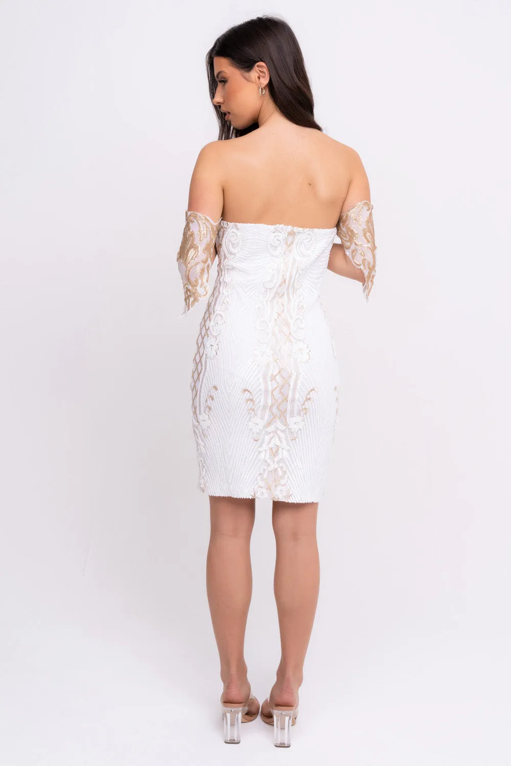 Rumour Vip White Gold Sweetheart Bardot Sequin Mini Bodycon Dress