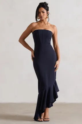 Sandy | Navy Strapless Corset Asymmetric Maxi Dress