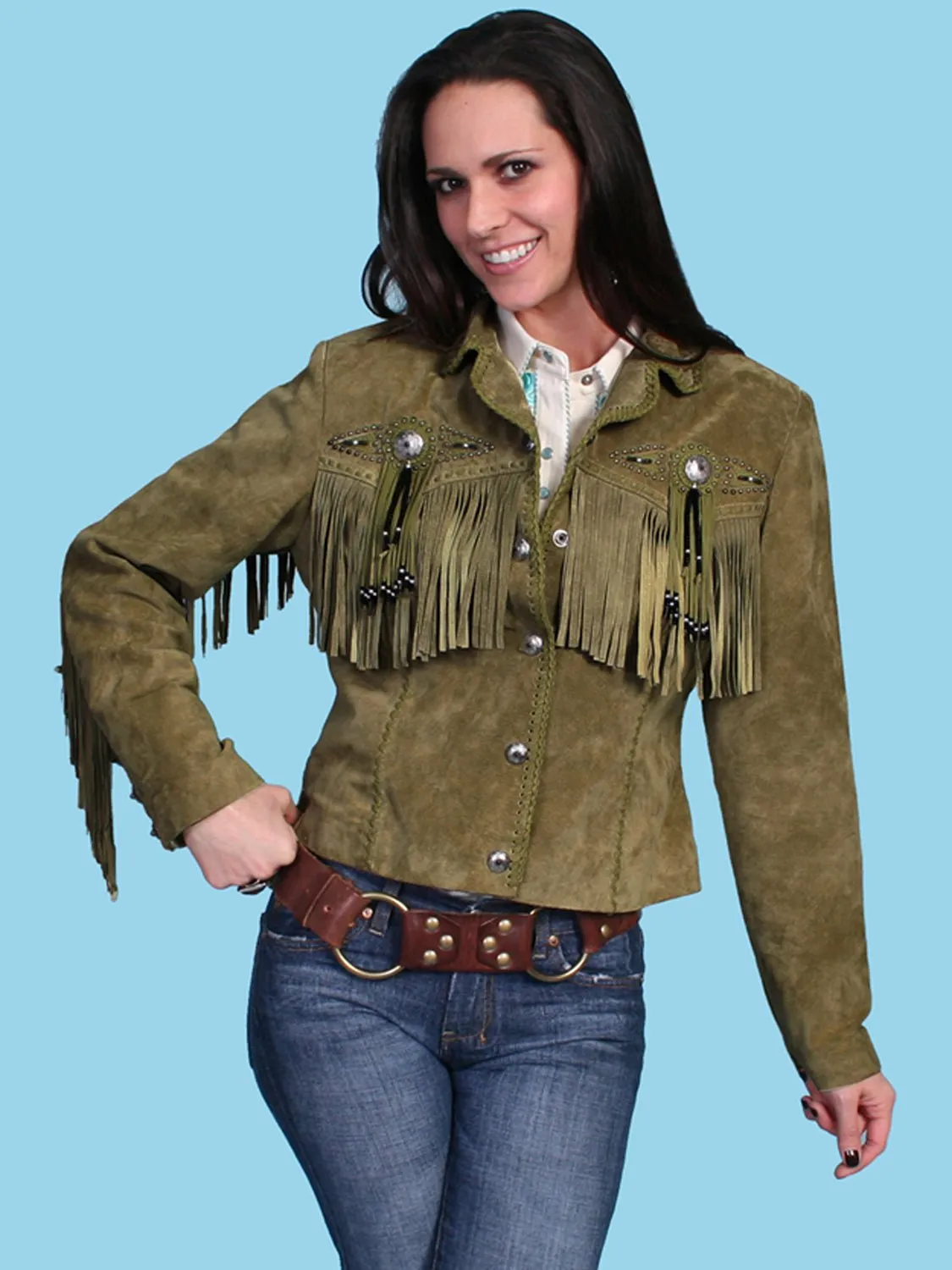 Scully Womens Fringe Beaded Olive Leather Leather Jacket