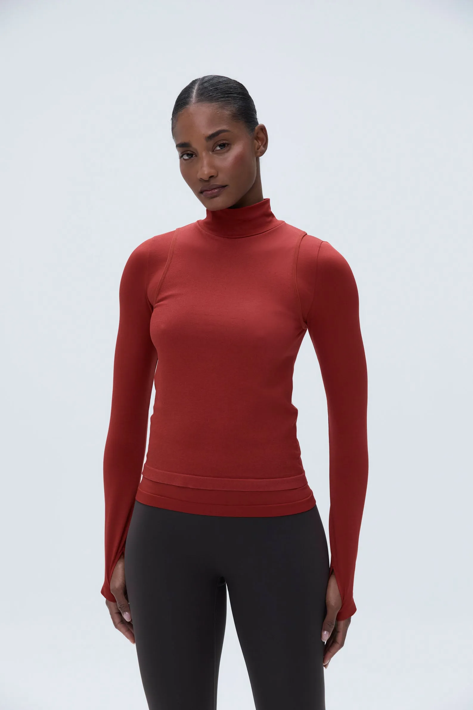 Seamless Base Layer Overlay Long Sleeve Top - Red