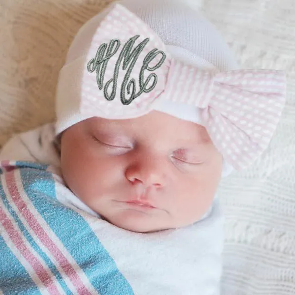 Seersucker Monogrammed Bow Newborn Baby Girl Hospital Beanie Hat Newborn Hat Infant Hat