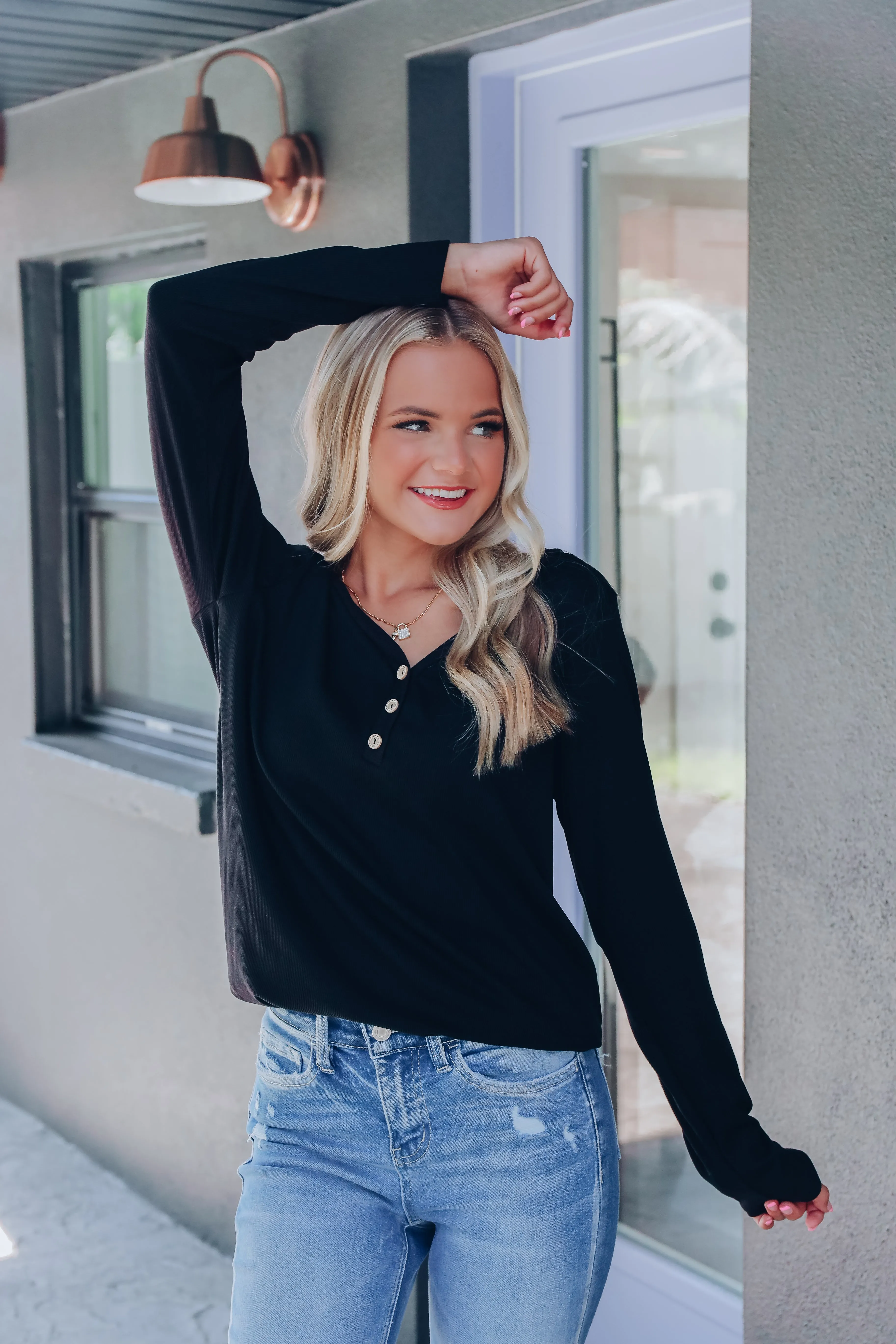 Selma Soft Ribbed Long Sleeve Top - Black