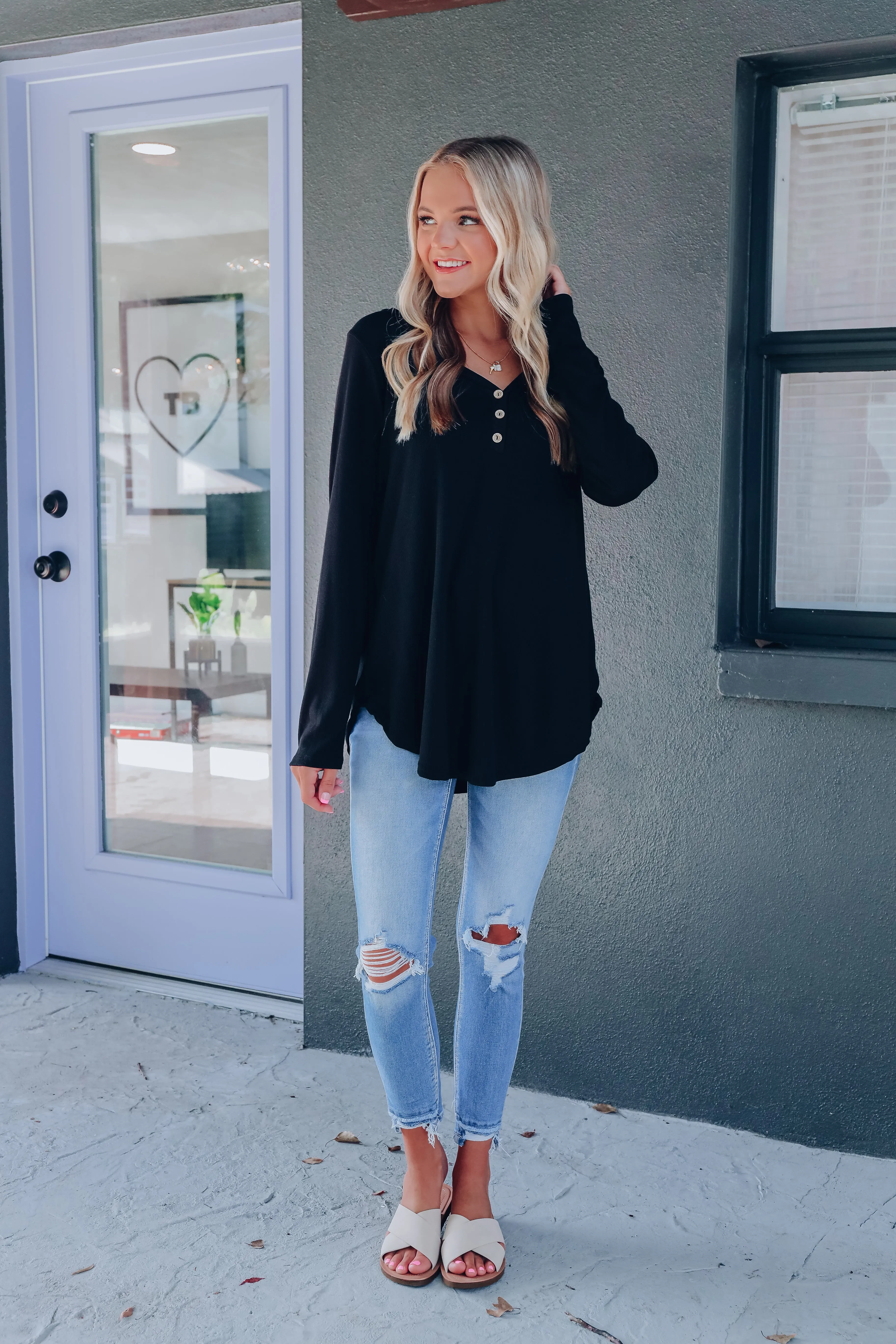 Selma Soft Ribbed Long Sleeve Top - Black