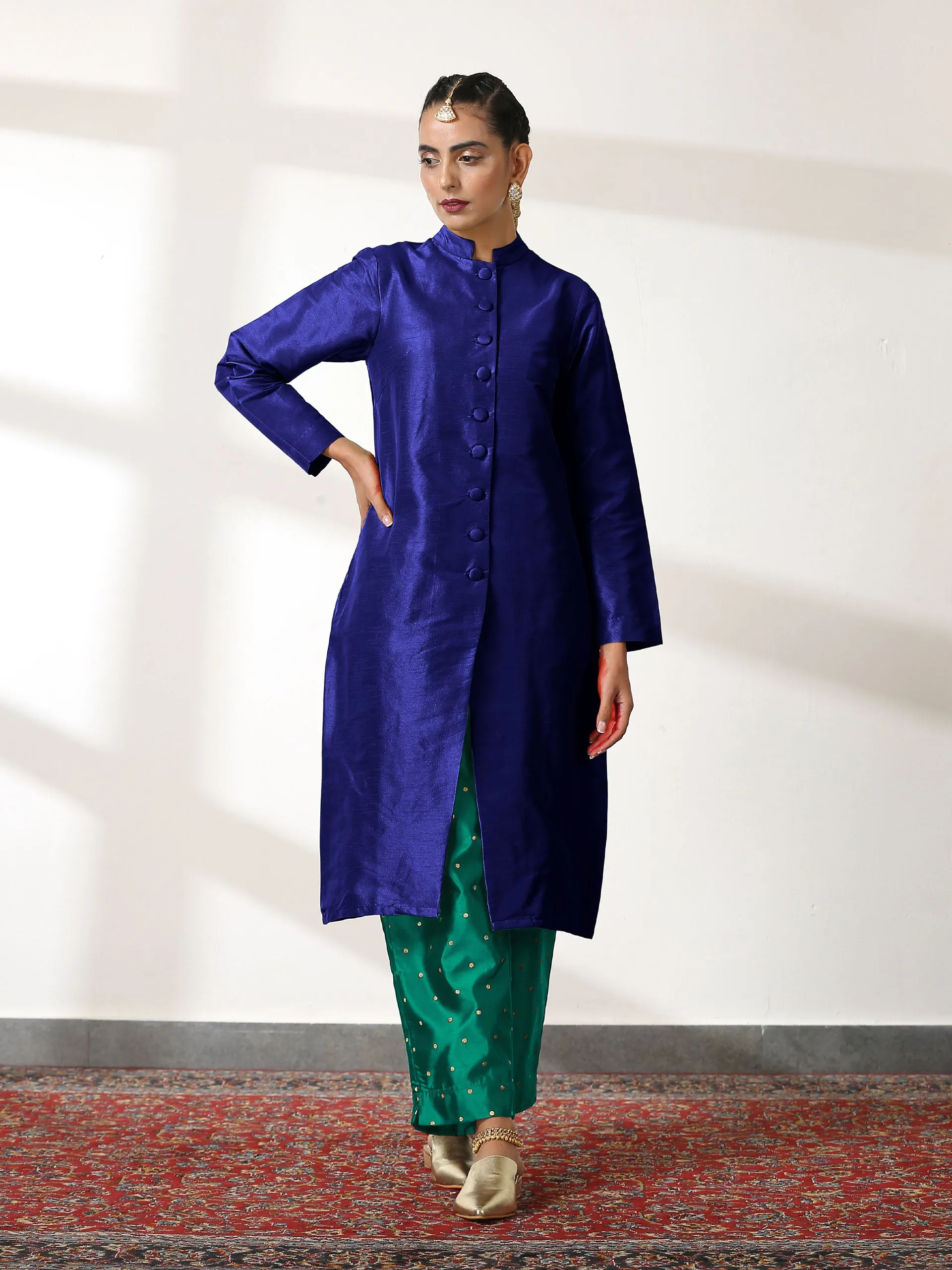 SET Blue Dupion Silk Blend Jacket Top with Jade Green Brocade Pants - 3 piece