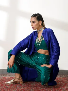 SET Blue Dupion Silk Blend Jacket Top with Jade Green Brocade Pants - 3 piece