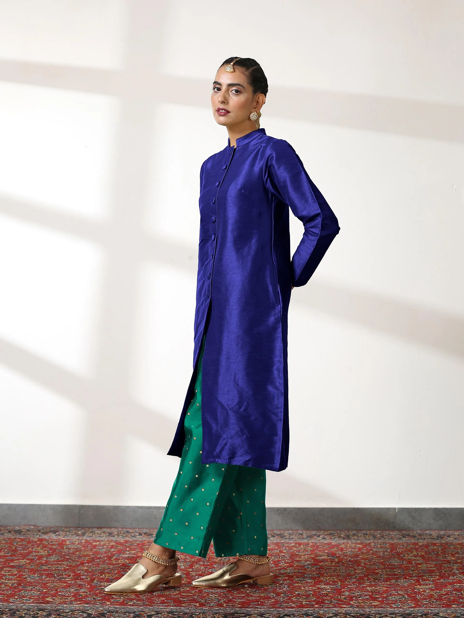 SET Blue Dupion Silk Blend Jacket Top with Jade Green Brocade Pants - 3 piece