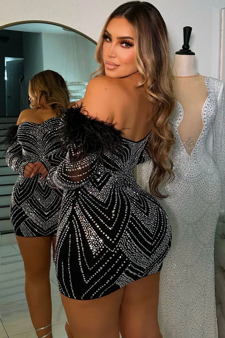 Sexy Feather Trim Off Shoulder Rhinestone Bodycon Party Mini Dress - Black