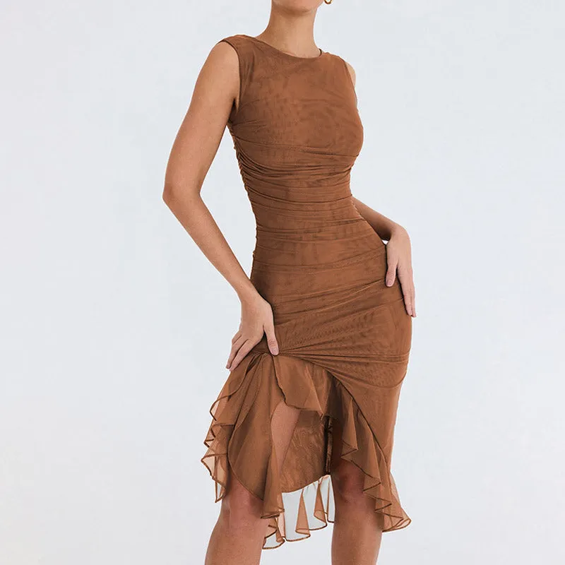 Sexy Mesh Ruched Crew Neck Sleeveless Bodycon Ruffle Cocktail Midi Dress - Brown