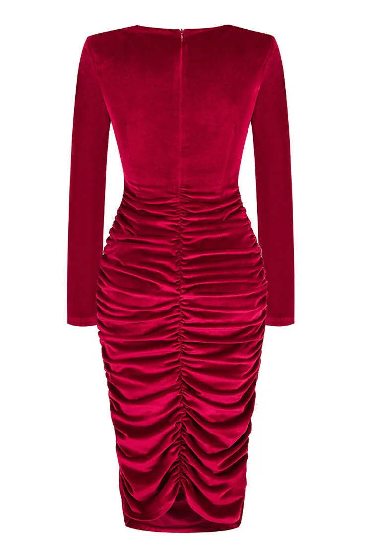 Sexy Twist Front Cutout Shoulder Pad Velvet Ruched Cocktail Midi Dress - Burgundy