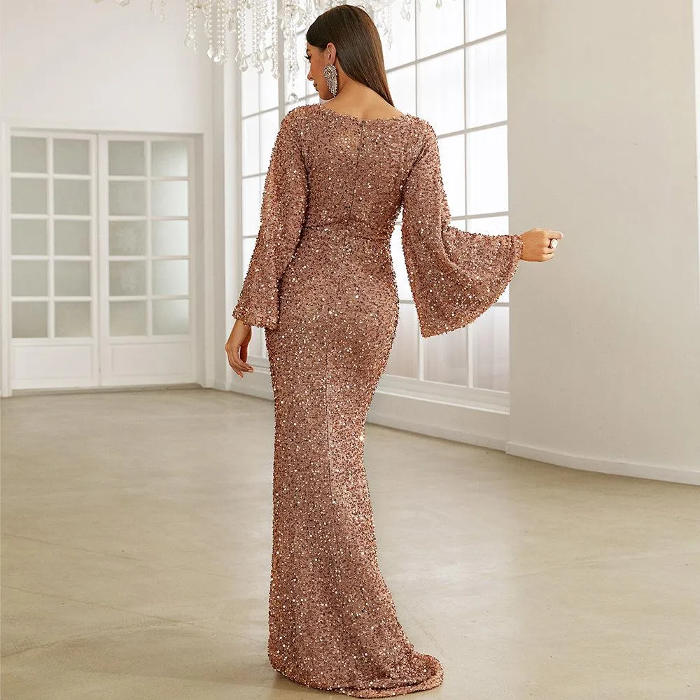 Shimmering Trumpet Sleeves Sequin Dress