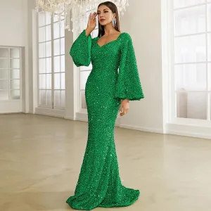 Shimmering Trumpet Sleeves Sequin Dress