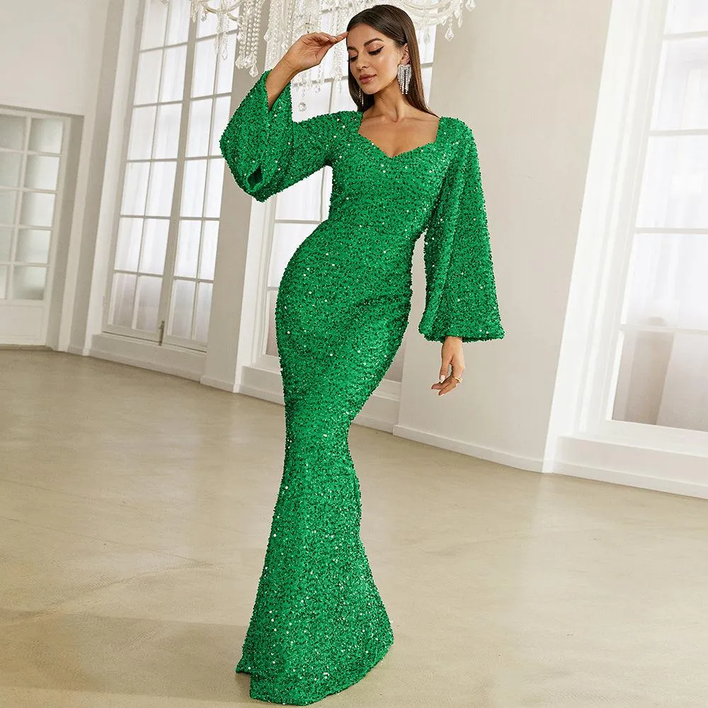 Shimmering Trumpet Sleeves Sequin Dress