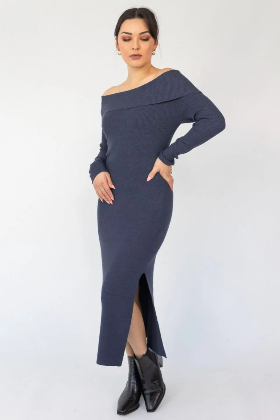 Sophie Navy Marle Off Shoulder Rib Knit Midi Dress