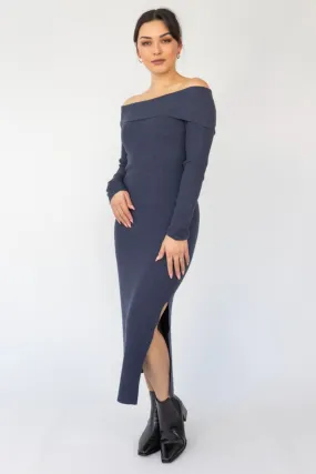 Sophie Navy Marle Off Shoulder Rib Knit Midi Dress