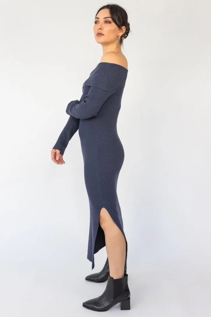 Sophie Navy Marle Off Shoulder Rib Knit Midi Dress