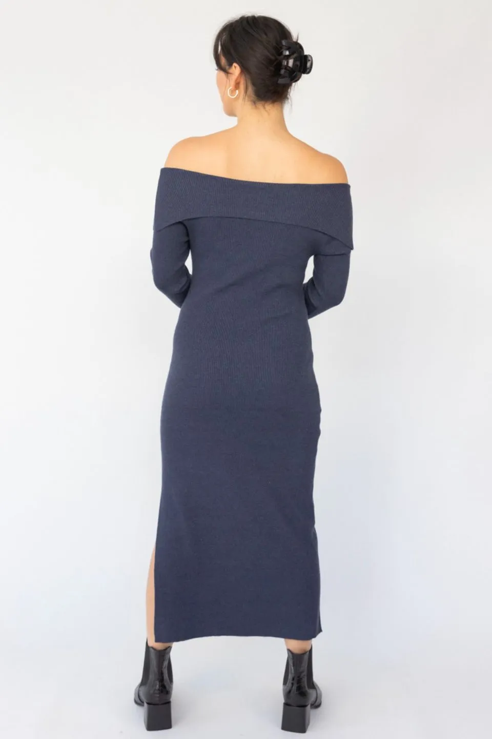 Sophie Navy Marle Off Shoulder Rib Knit Midi Dress