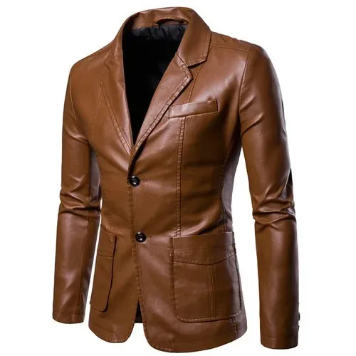 Spring Autumn Fashion New Men's Lapel Leather Dress Suit Coat / Male Business Casual Pu Blazers Jacket Plus Size