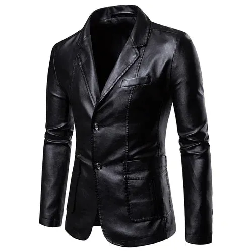 Spring Autumn Fashion New Men's Lapel Leather Dress Suit Coat / Male Business Casual Pu Blazers Jacket Plus Size