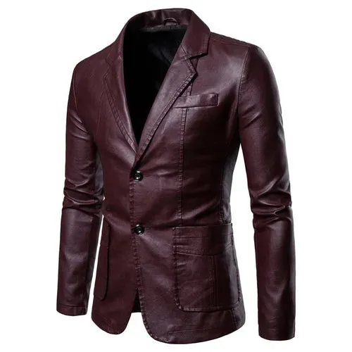 Spring Autumn Fashion New Men's Lapel Leather Dress Suit Coat / Male Business Casual Pu Blazers Jacket Plus Size