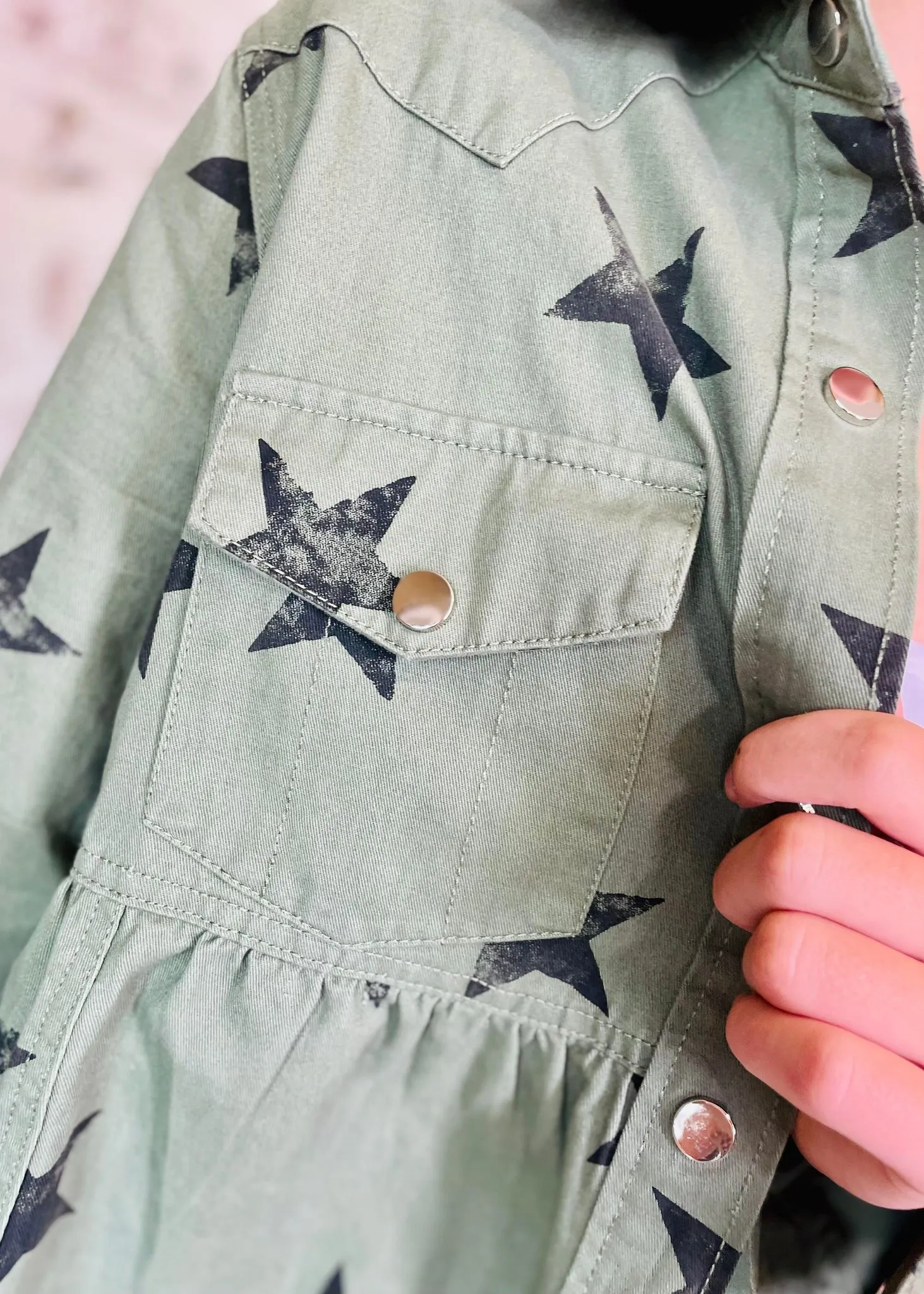 Star Print Olive Peplum Jacket