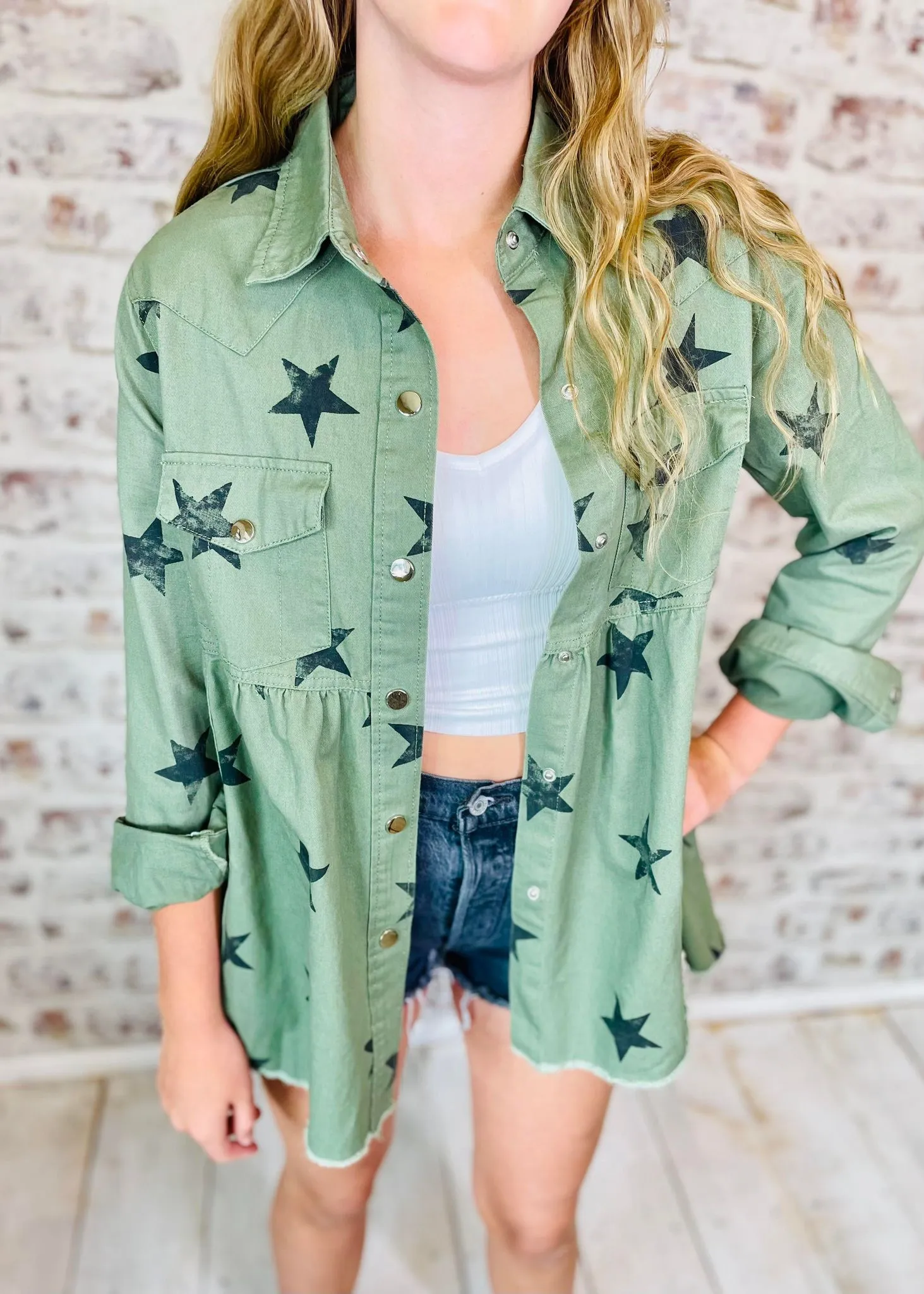 Star Print Olive Peplum Jacket