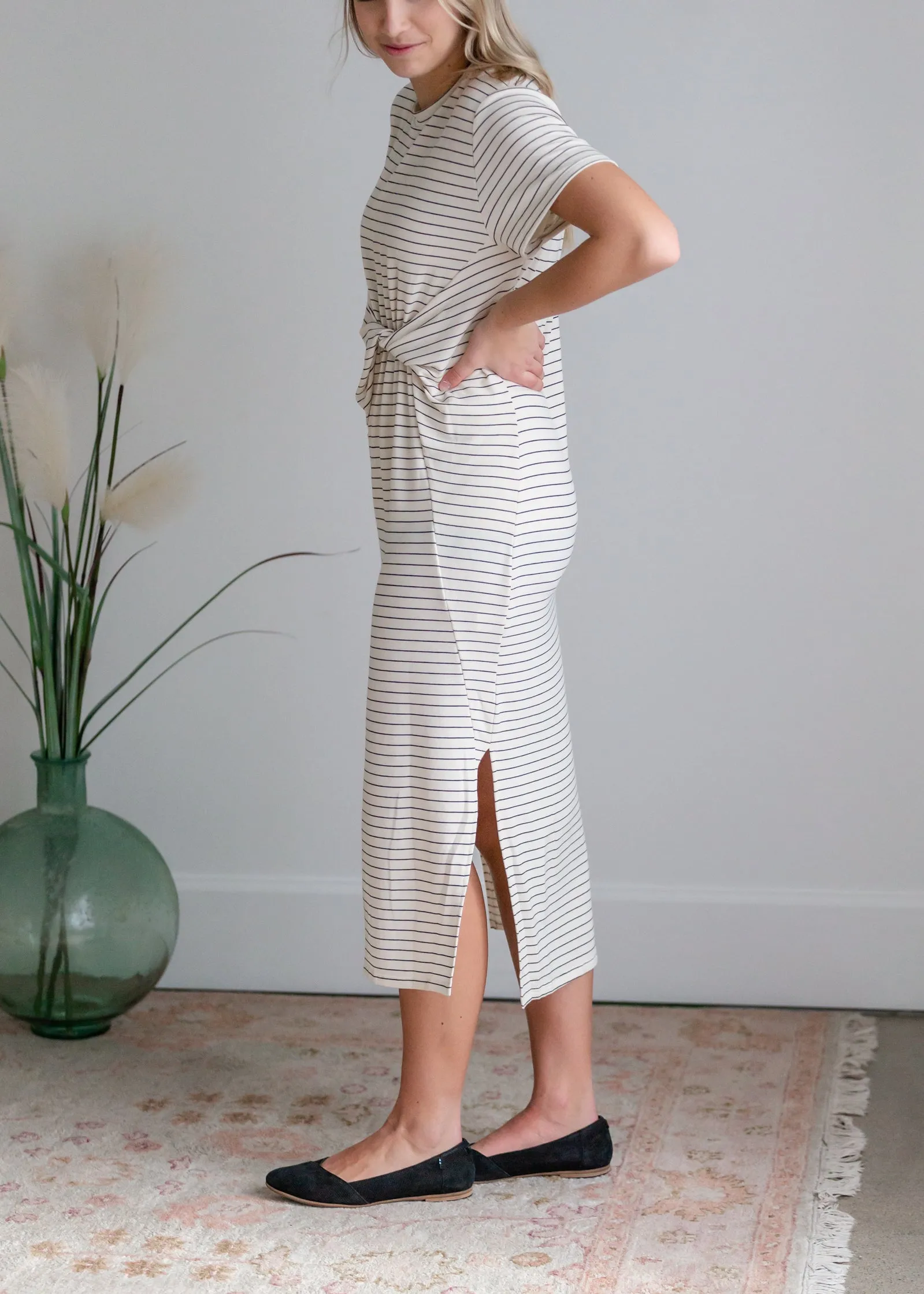 Striped Knotted Front Slit Dress