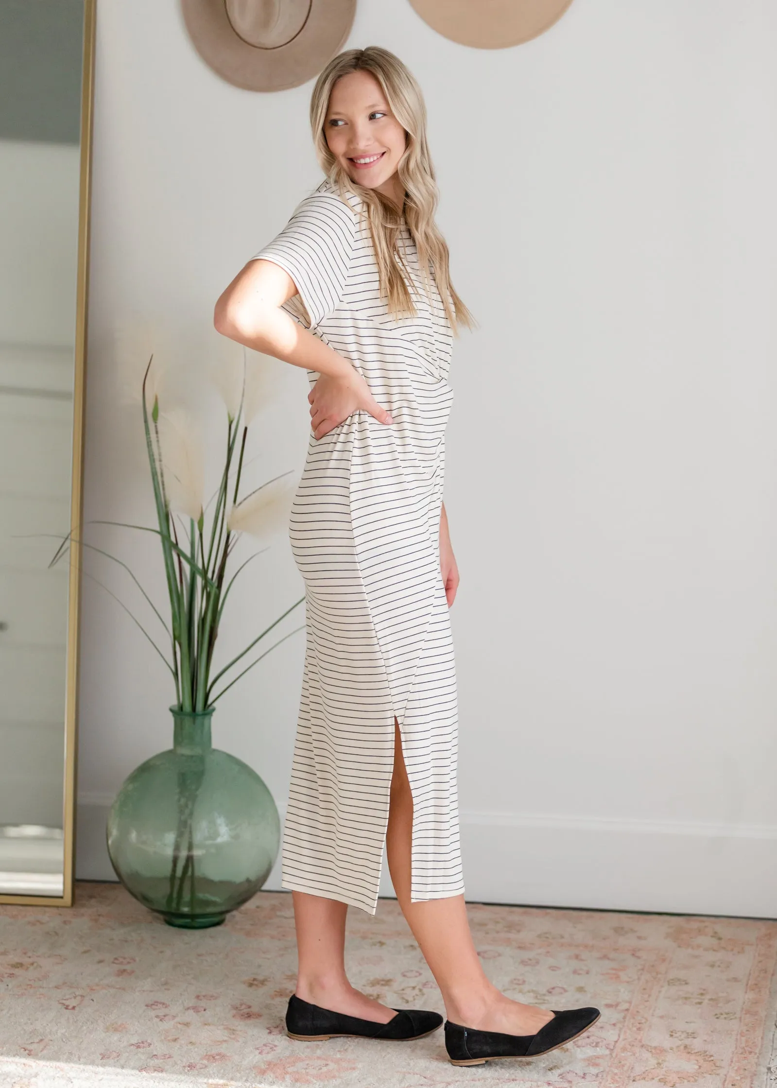 Striped Knotted Front Slit Dress