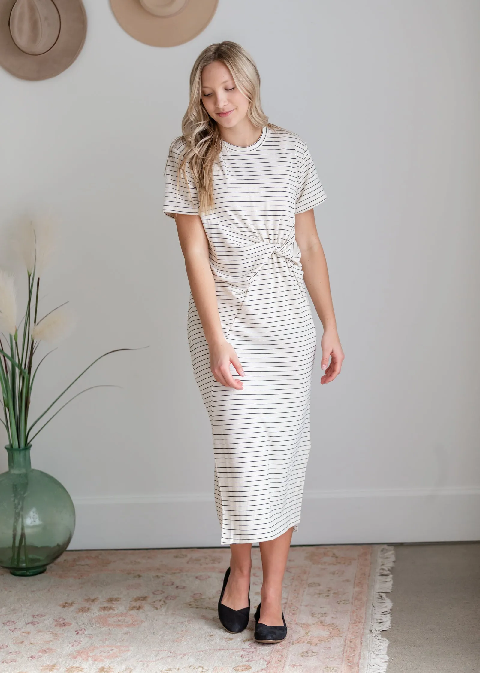 Striped Knotted Front Slit Dress