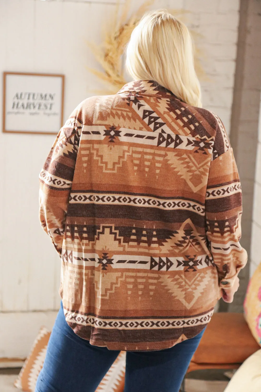 Taupe & Brown Brushed Aztec Oversize Pocketed Shacket