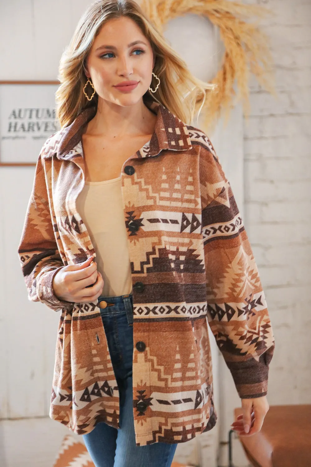 Taupe & Brown Brushed Aztec Oversize Pocketed Shacket