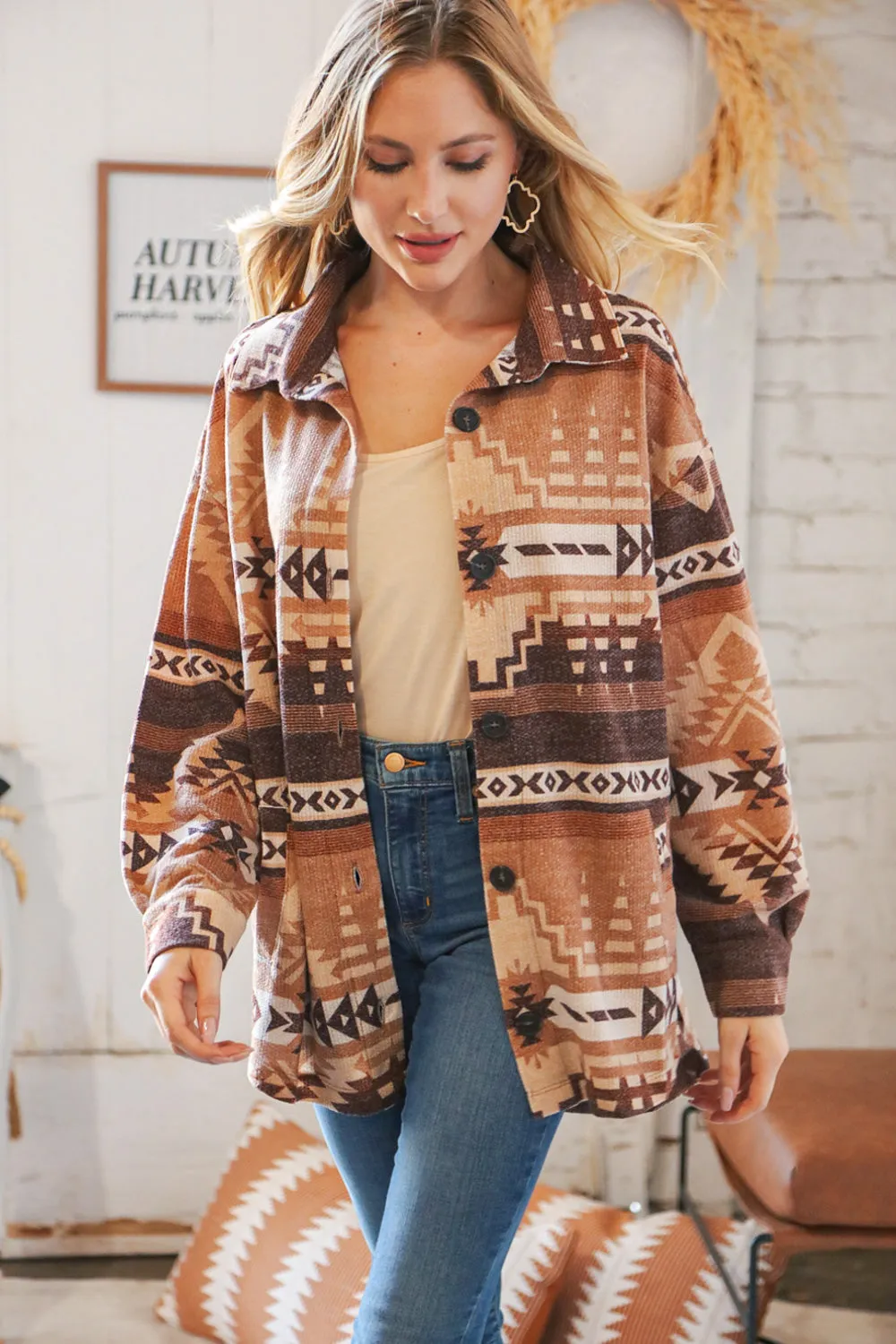 Taupe & Brown Brushed Aztec Oversize Pocketed Shacket