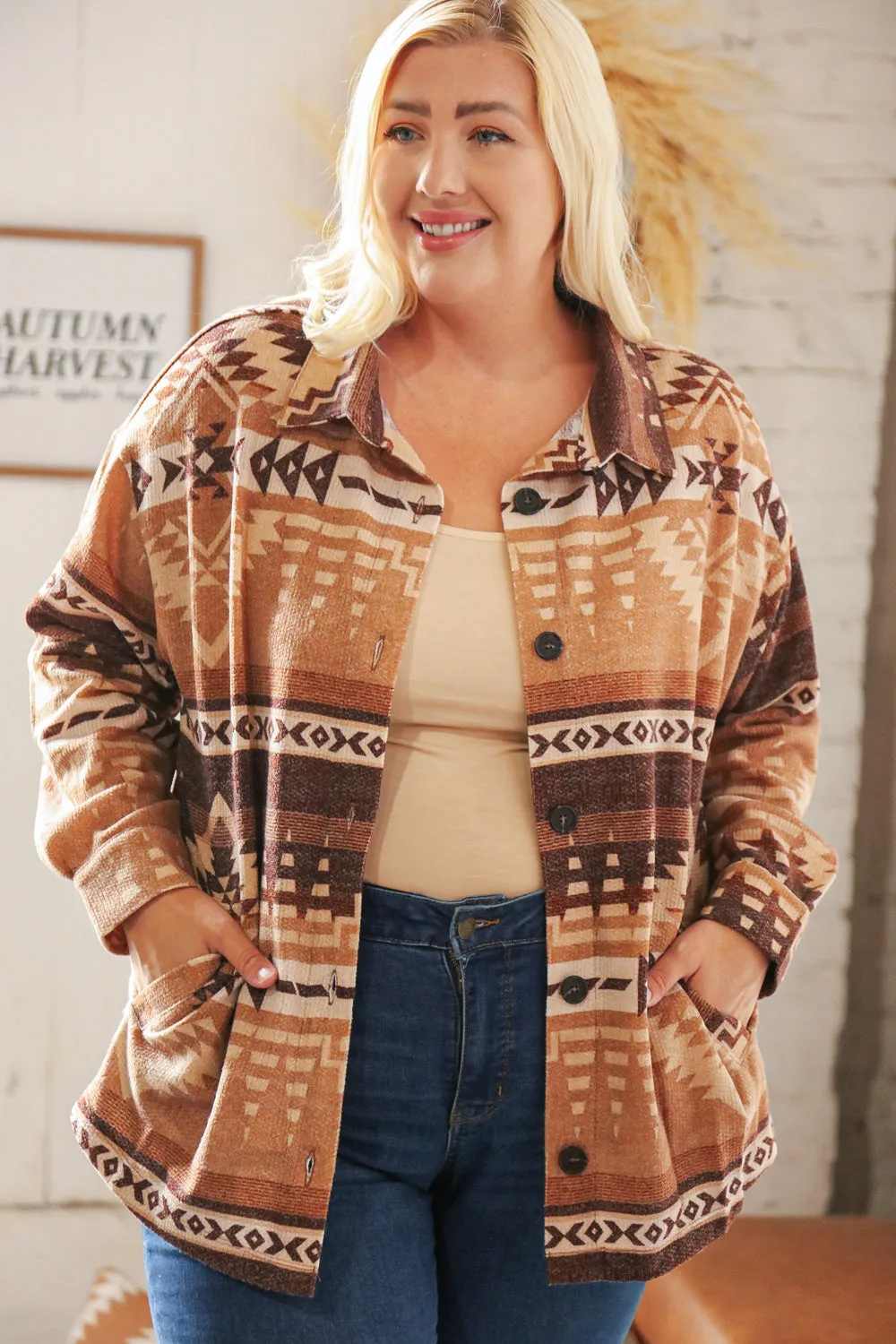 Taupe & Brown Brushed Aztec Oversize Pocketed Shacket