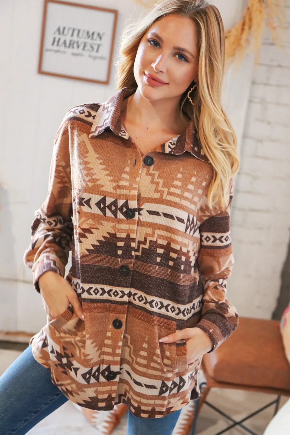 Taupe & Brown Brushed Aztec Oversize Pocketed Shacket