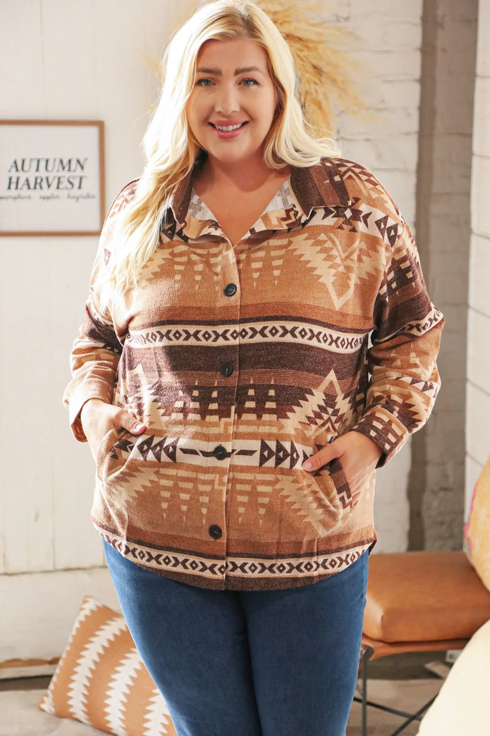 Taupe & Brown Brushed Aztec Oversize Pocketed Shacket