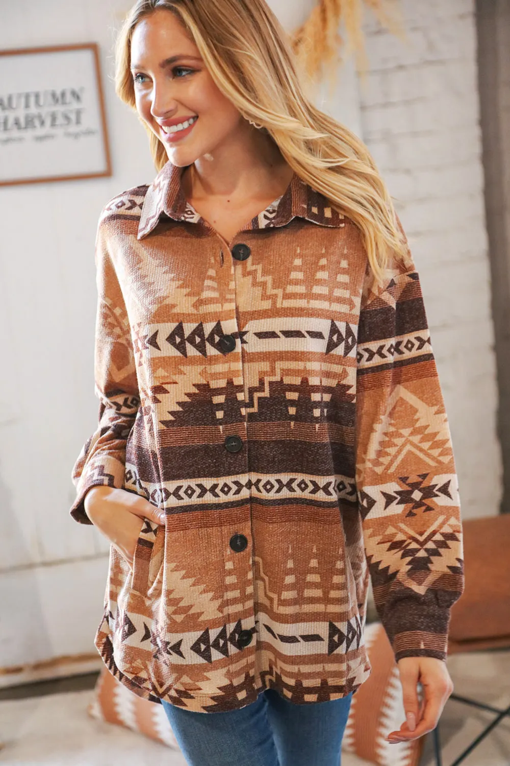 Taupe & Brown Brushed Aztec Oversize Pocketed Shacket