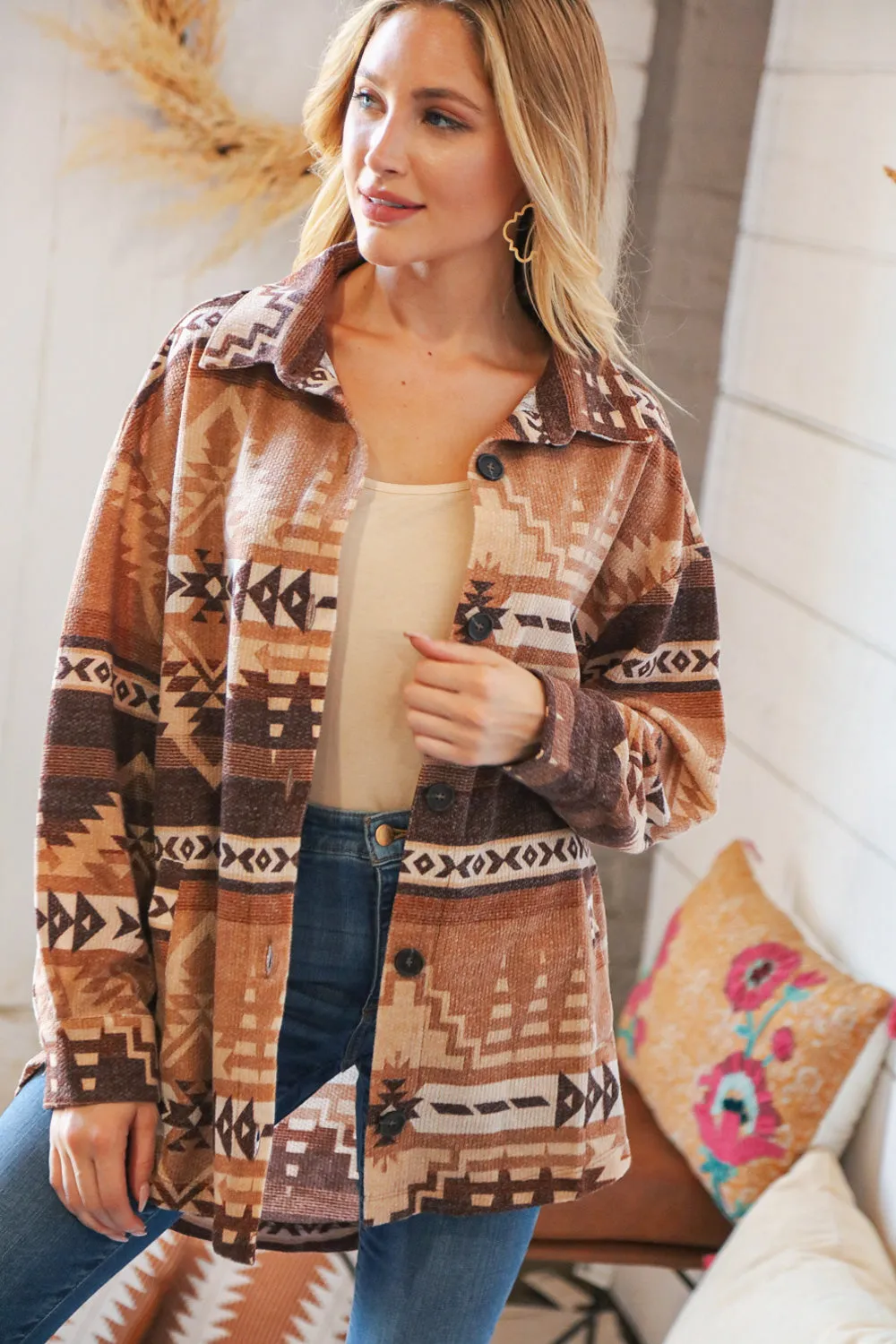 Taupe & Brown Brushed Aztec Oversize Pocketed Shacket