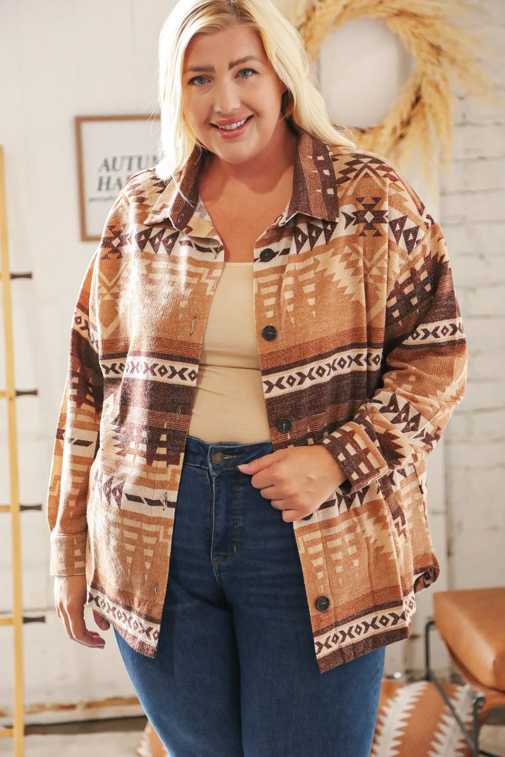 Taupe & Brown Brushed Aztec Oversize Pocketed Shacket