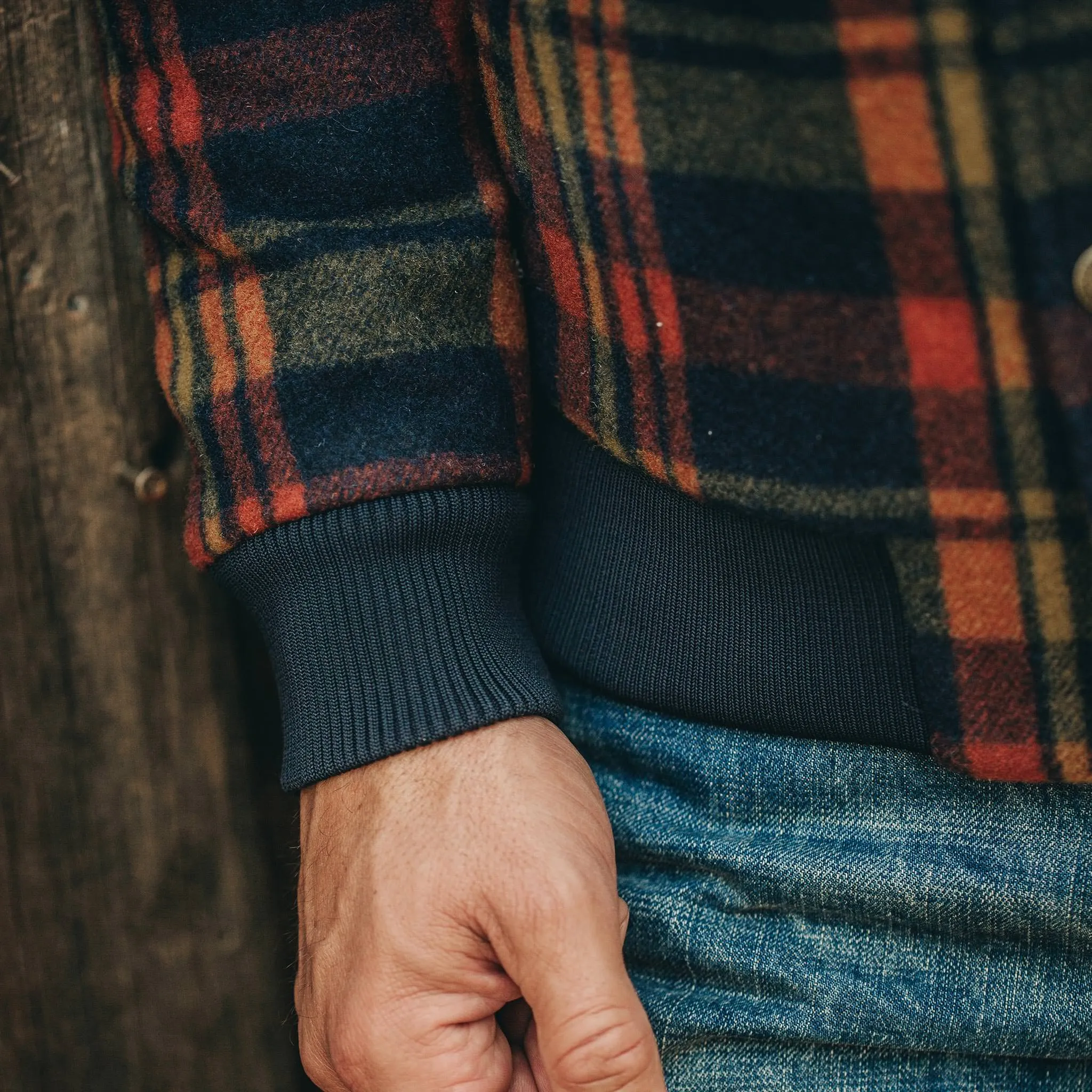 The Bomber Jacket in Navy Plaid Wool