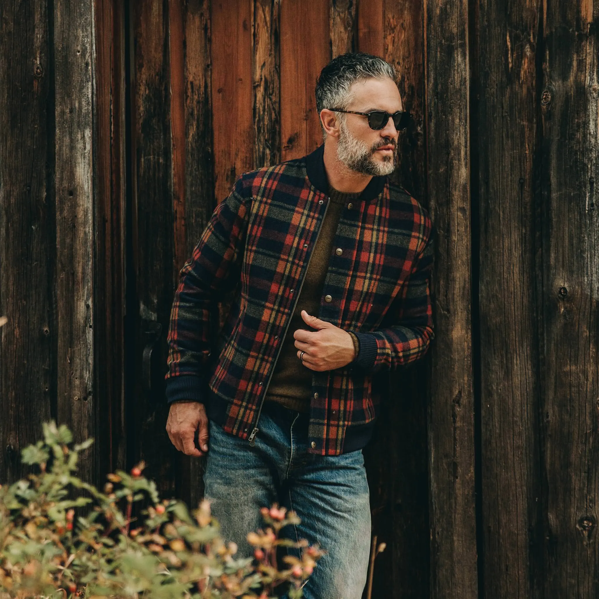 The Bomber Jacket in Navy Plaid Wool