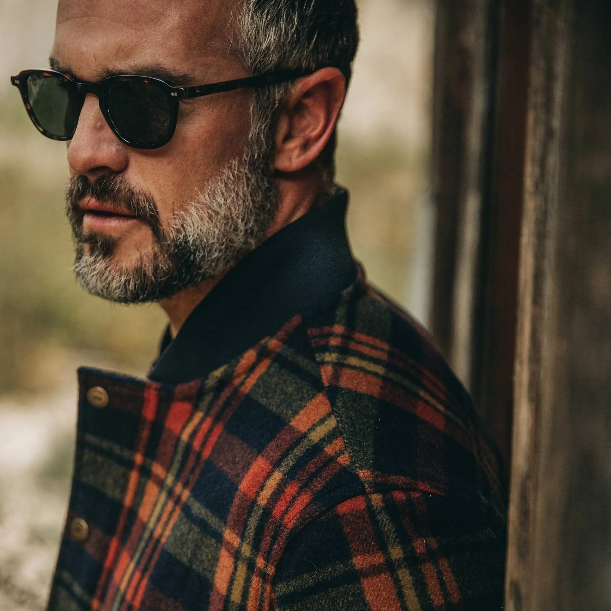 The Bomber Jacket in Navy Plaid Wool