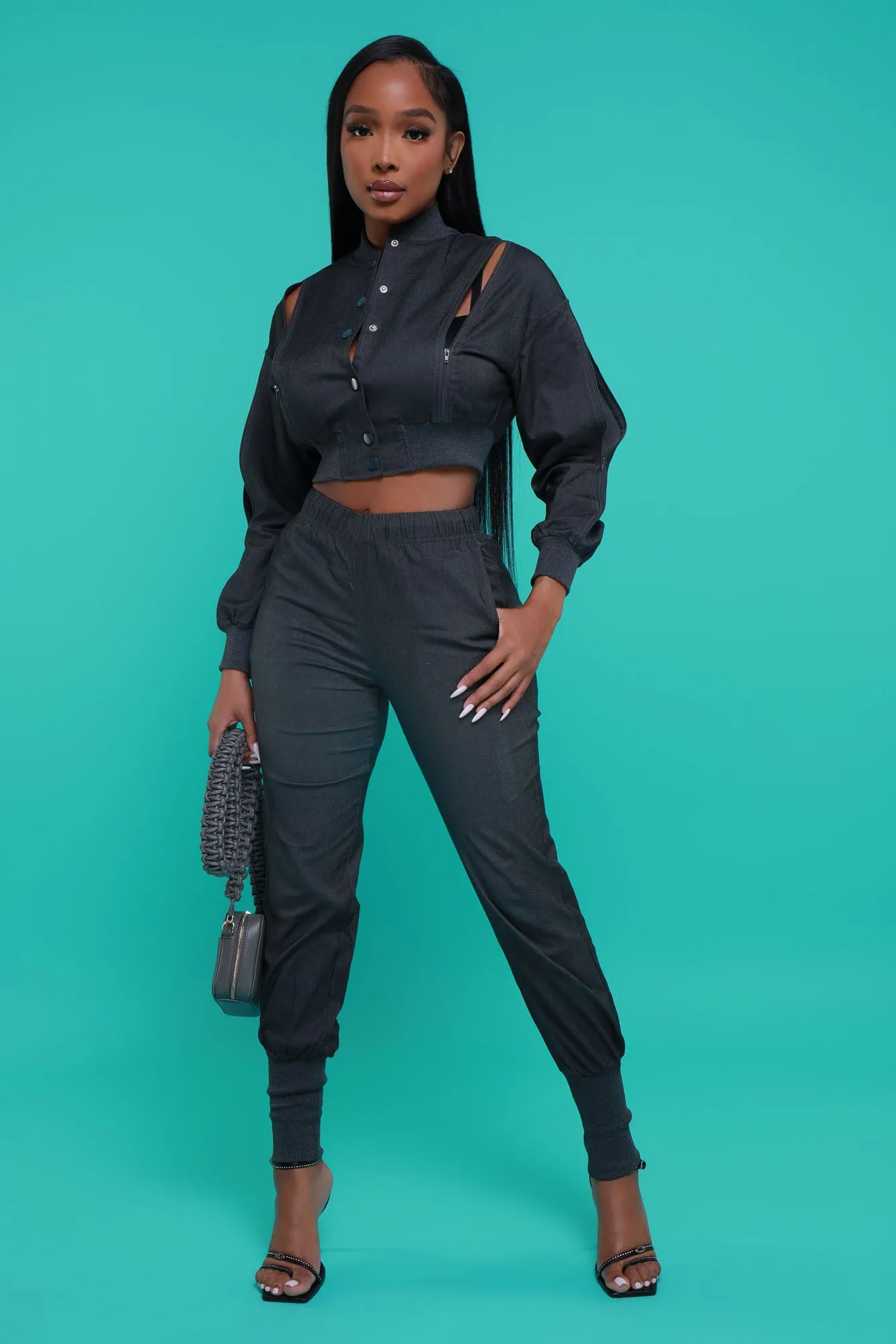 Top Priority Zippered Cropped Jogger Set - Black Denim