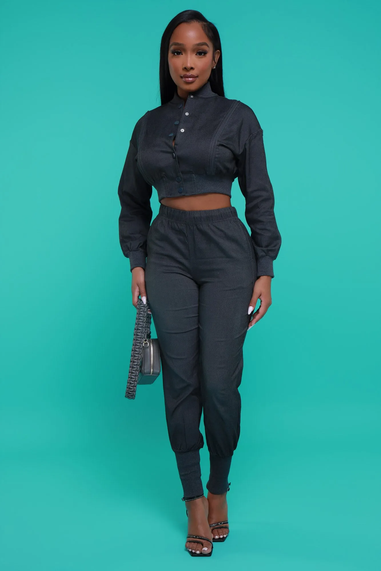 Top Priority Zippered Cropped Jogger Set - Black Denim