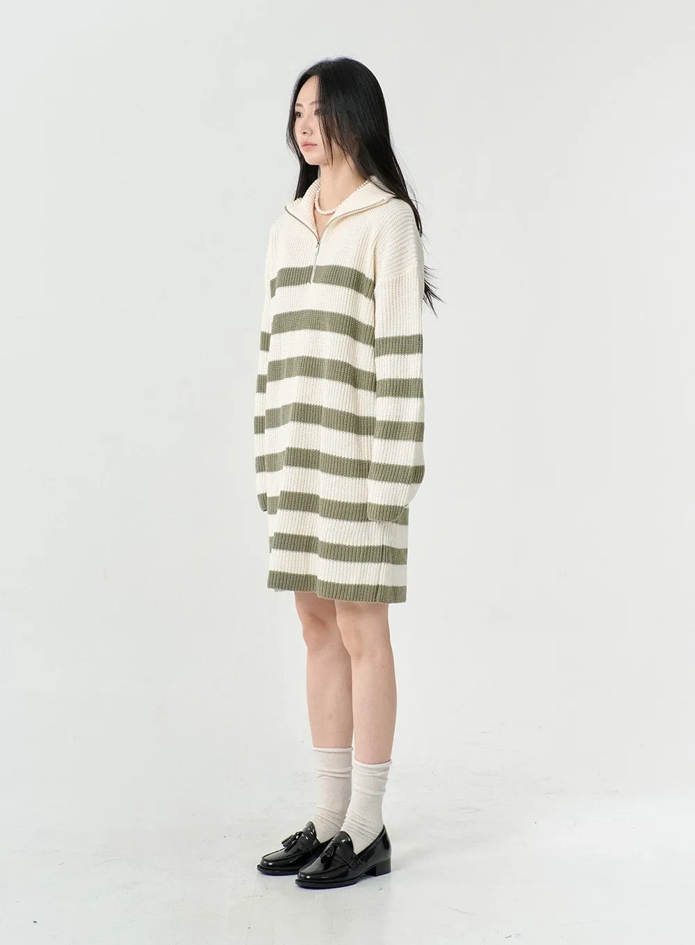 Two Tone Stripe Half Zip-Up Midi Knit Dress OS05