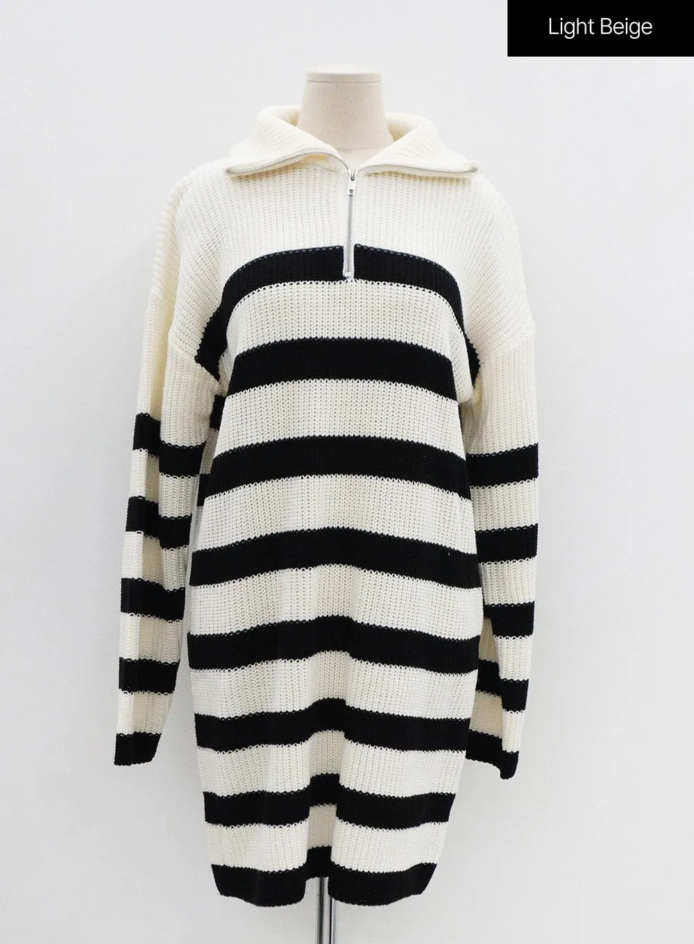 Two Tone Stripe Half Zip-Up Midi Knit Dress OS05