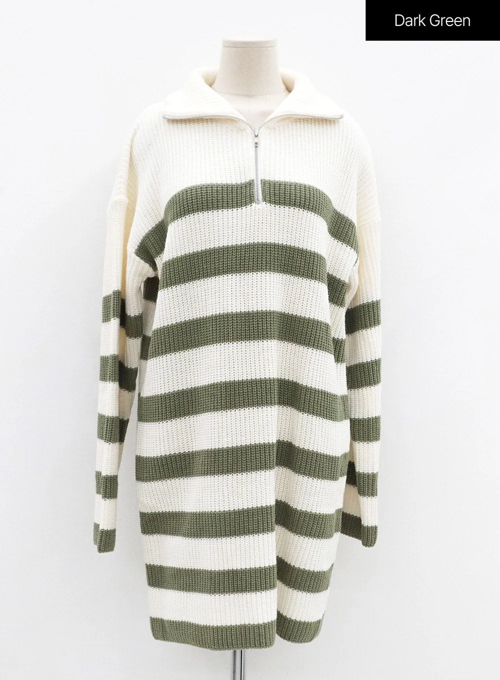 Two Tone Stripe Half Zip-Up Midi Knit Dress OS05