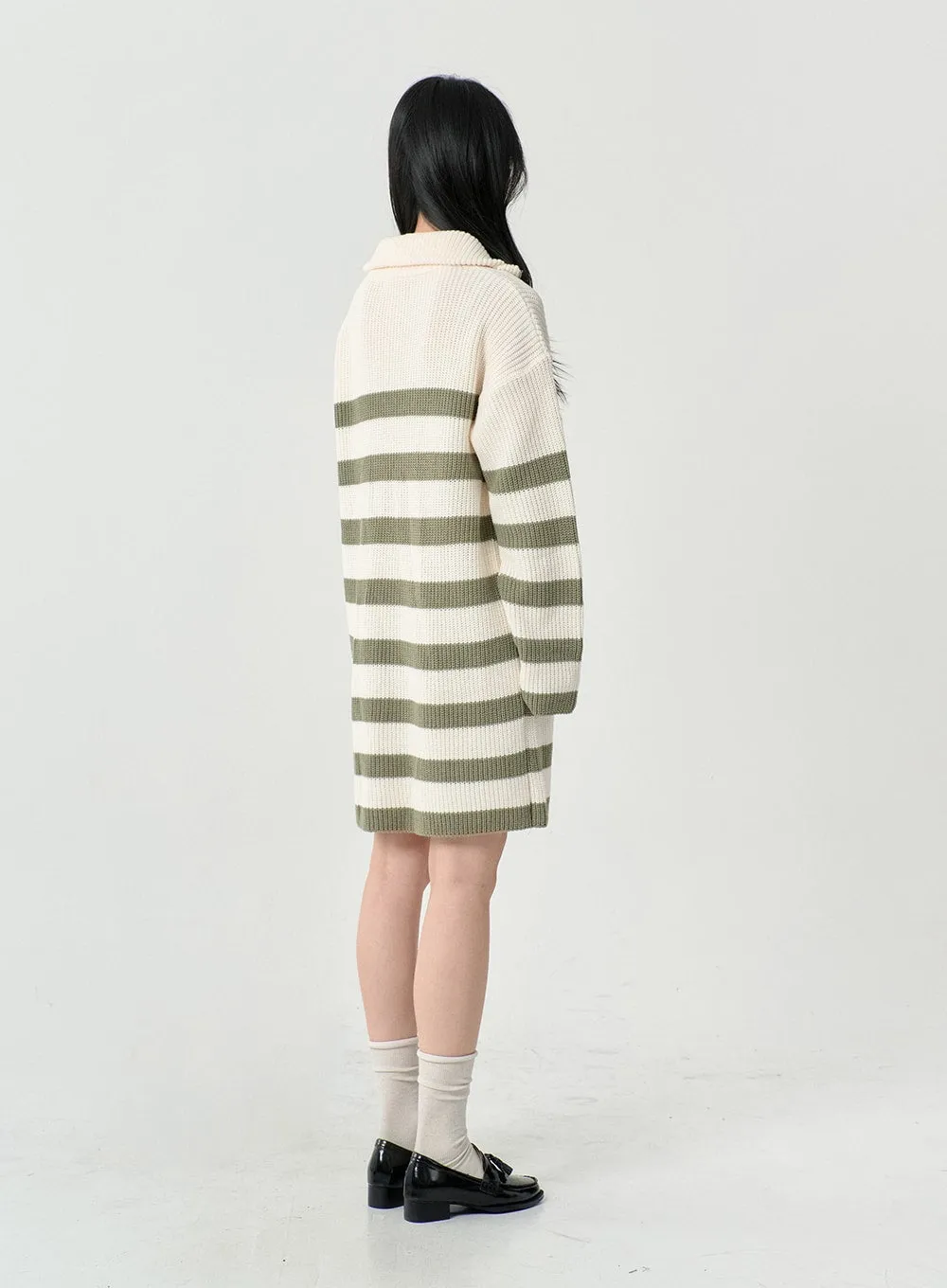 Two Tone Stripe Half Zip-Up Midi Knit Dress OS05