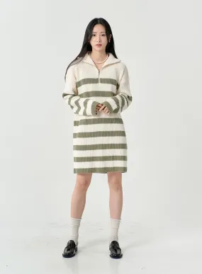 Two Tone Stripe Half Zip-Up Midi Knit Dress OS05