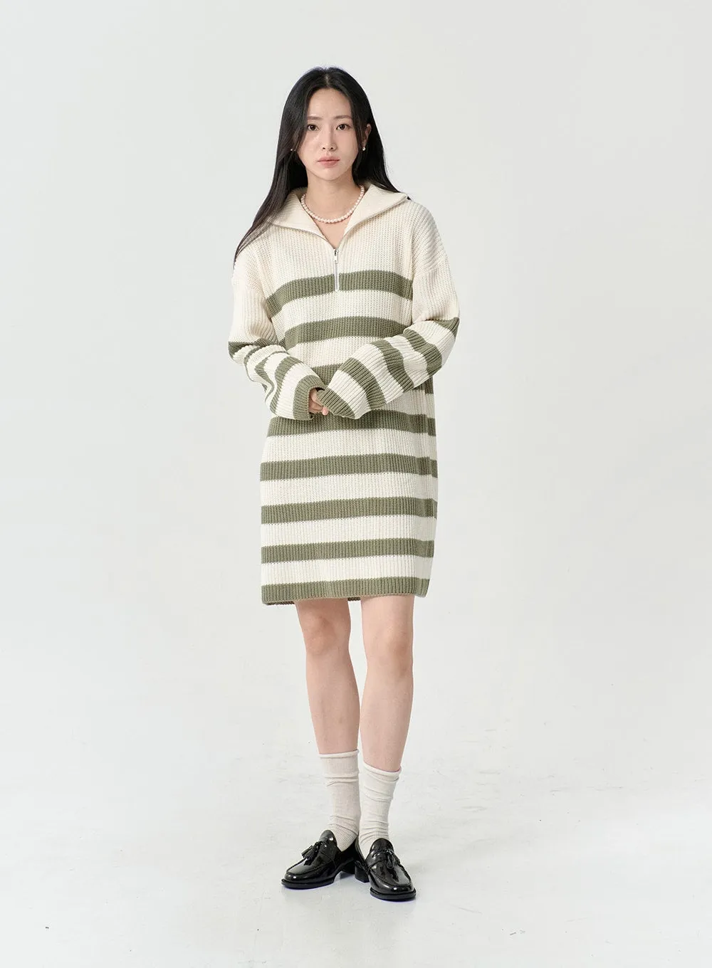 Two Tone Stripe Half Zip-Up Midi Knit Dress OS05